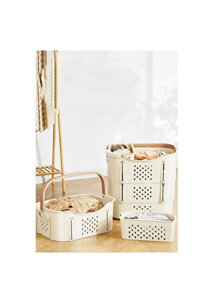 MASKY Katlanabilir Taşınabilir Çamaşır Sepeti ve Mandal Sepeti Krem