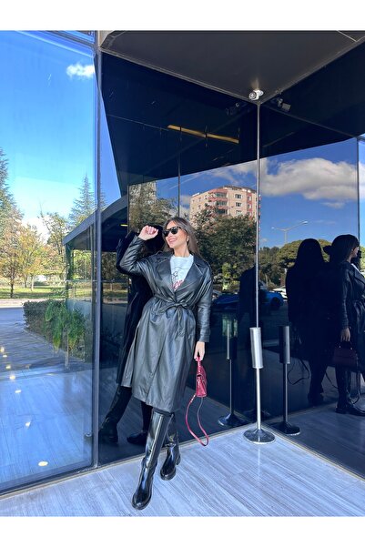 TUBA İNAN Women's Long Leather Black Jacket