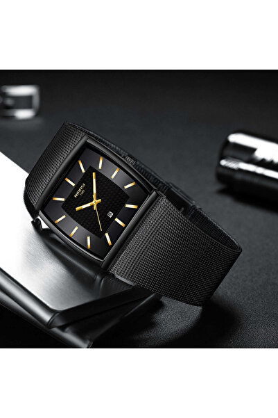 Nibosi Men's Watch Quartz Analog Date Mesh Bracelet Black Gold Elegant