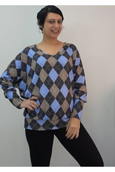 Mertcan Butik Blue Black Latte Plaid Pattern V-Neck Batwing Sleeve Winter Knitwear T-Shirt