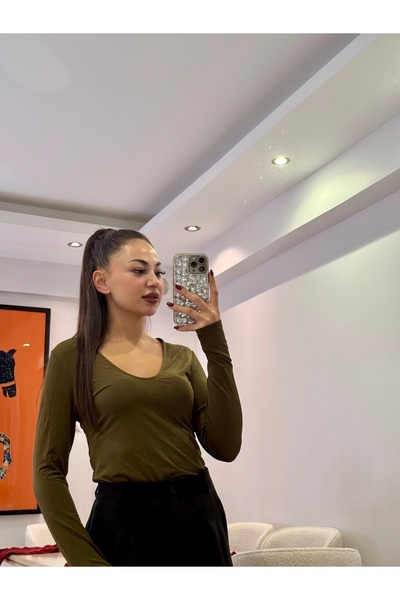 Gamze Ege Fashion Khaki Bodysuit with Snaps