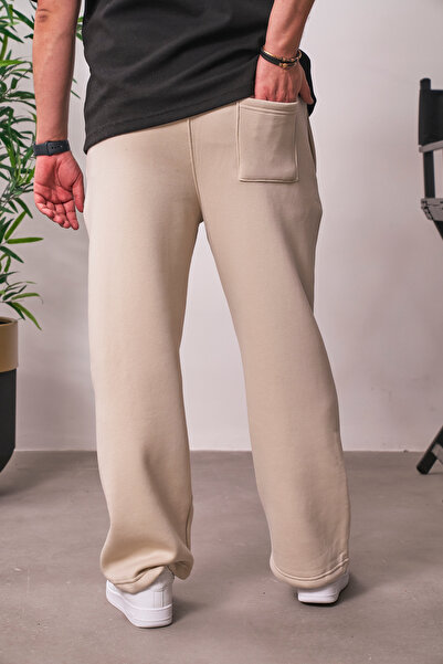 MADZEYMODA Ανδρικό φούτερ με φαρδύ κορμό, 3 κλωστές, επένδυση fleece μπεζ φούτερ KE-7031