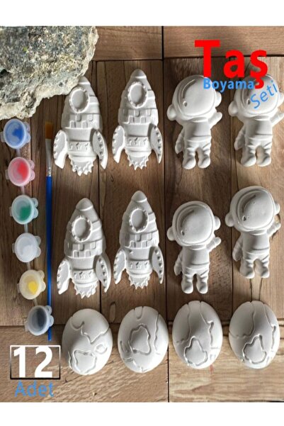 magnocandles Taş Boyama Seti 12 Adet Astronot Roket Dünya ( Uzay Temalı Taş Tozu Objeleri)