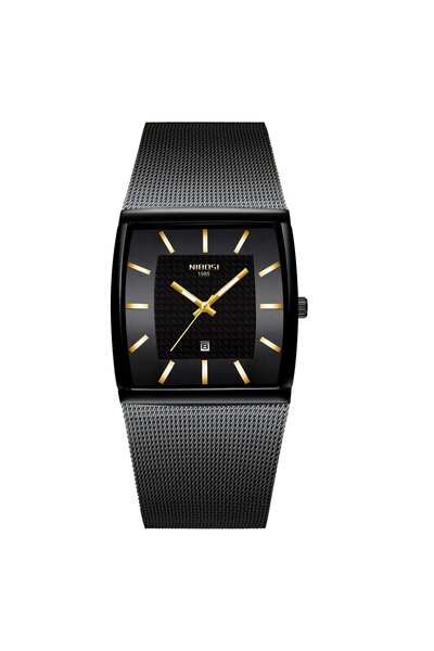 Nibosi Men's Watch Quartz Analog Date Mesh Bracelet Black Gold Elegant
