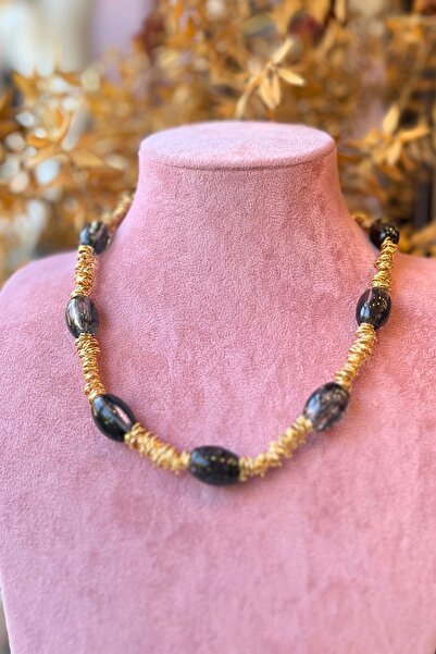 Meva Takı ve Aksesuar Black & Gold Tone Beaded Necklace |   Mev'Armoni Collection