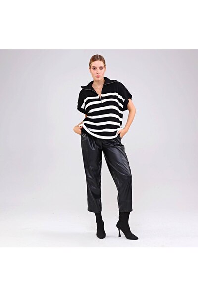 EDZ Women's Black Knitwear Short Sleeve High Neck Zippered Loose Fit Oversized Pattern Tunic