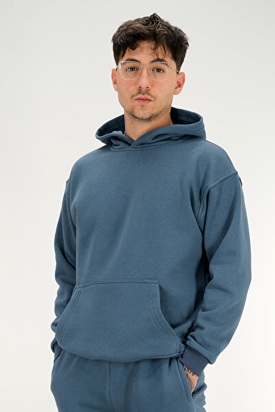 Souris Men's Petrol Blue Hooded Kangaroo Pocket Oversized Sweatshirt 3 Thread Fleece-Lined Thick Fabric
