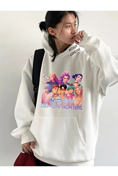 Minga London Φούτερ Unisex Kpop Demon Hunters Style Πολύχρωμο με τύπωμα Λευκό oversized