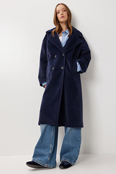 Lovelyİstanbul Kruvaze Yaka Oversize Kaşe Kaban LFG0173 LACİVERT