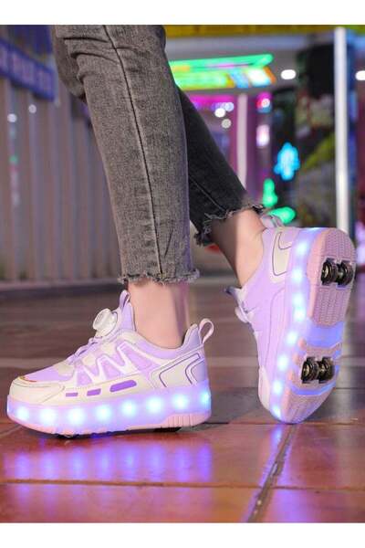 Little Rockz Kids Four Wheel Roller Shoes Rechargeable LED Flash Light Sneaker Skate Heelys Shoes