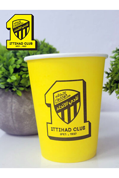 co arma طقم أكواب ورقية صفراء مع شعار النادي الاتحاد ، أكواب للمشروبات للمناسبات الرياضية 24 كوب