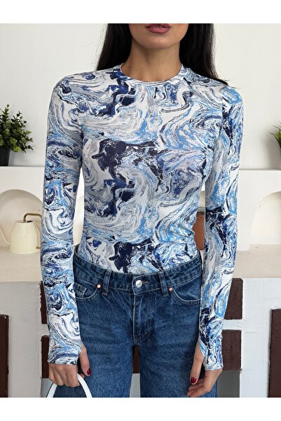 Bukamiss Women's Blue Wave Patterned Body with Finger Detail