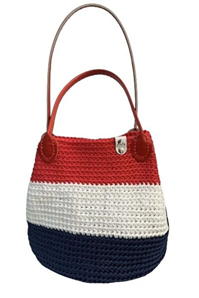 Vixie Crocheted striped bag - blue-white-red