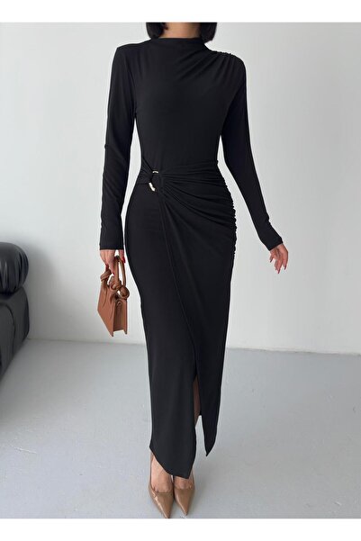 aytenli ياقة مرتفعة متوسطة الطول فستان طويل بقصة غير متماثلة عند الخصر مع أرب...