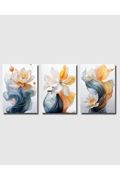 Rosaart Çerçevesiz Poster, Soyut Modern Çiçek 3'lü Poster Seti,Turuncu,Mavi D...