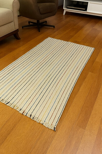 Alenked Home Jute White Colored Striped Natural Rug 80X150Cm