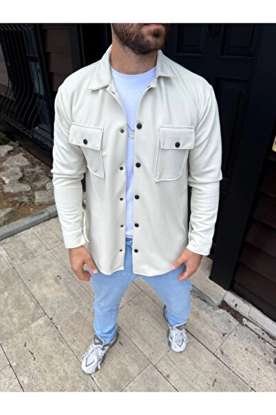 babatr.com Men's Diagonal Fabric Pocket Snap Long Sleeve, Shirt Oversized Comfortable Fit Casual Stylish Style - White