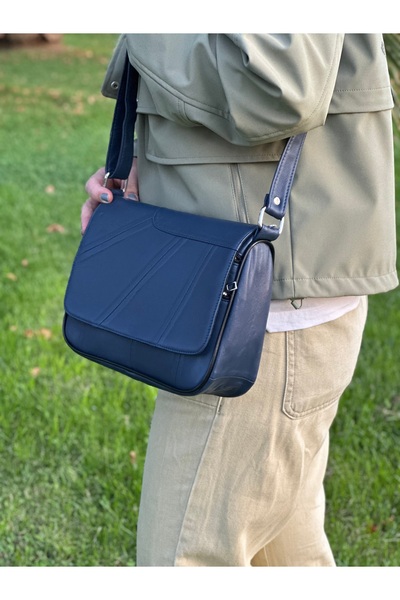 Deribag Genuine Leather, Crossbody Strap, Casual Bag, Women's Shoulder Bag, Navy Blue 25*21*8 cm