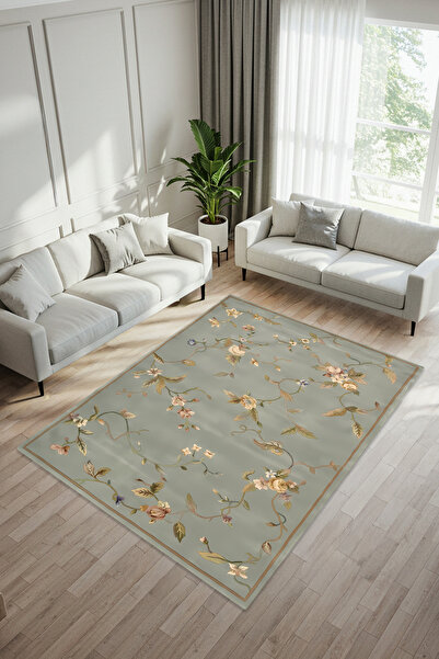 Etnik Dekor Çiçek Sarmalı Desenli Kaymaz Taban Makinede Kolay Yıkanabilir Sil...