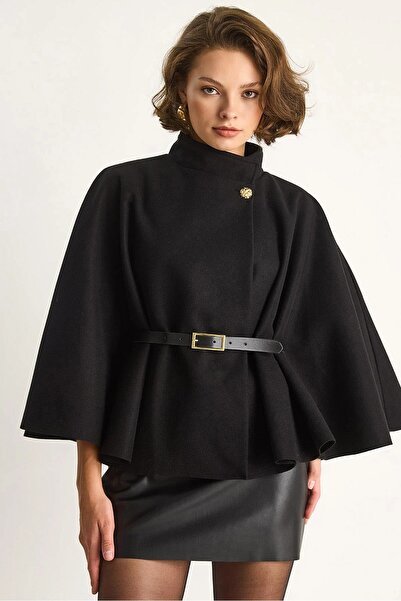 HARMONY GLOBAL Women's Gold Button Detailed Belted Cashmere Poncho - Black, Stylish and Modern Poncho 2712
