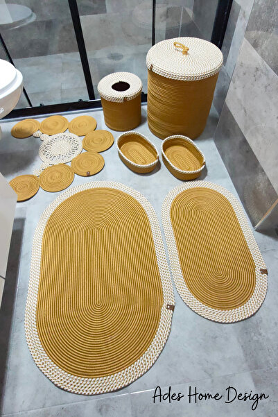 ADES HOME DESİGN Jüt,banyo Takımı,Banyo Paspası, Paspas Takımı,Makyaj Sepeti,Çöp Kovası,Klozet Paspas,Gold Desenli