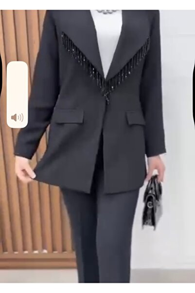 Kırmızı iz Taşlı blazer ceket takımı boncuk işlemeli ceketli takım