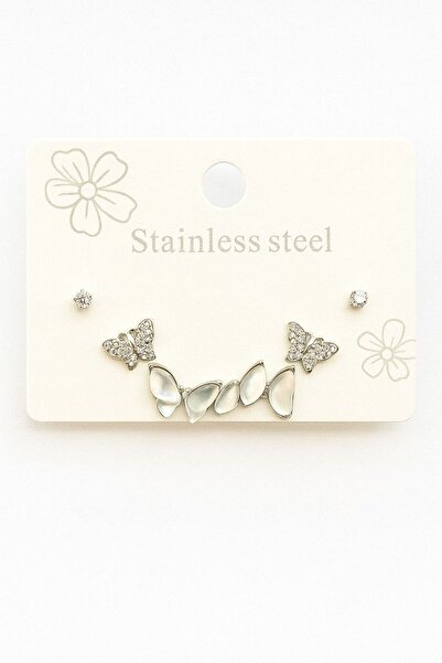 GAMZELİRENKLERİM Butterfly and Single Stone Zircon Earring Set with Gold and ...