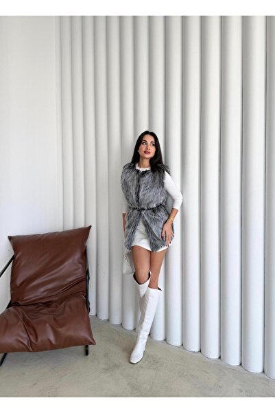 orjinal blue b Women's Gray Plush Soft Touch Lined Premium Faux Fur Coat