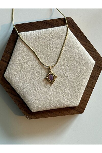 STOLIA Altın Kaplama Çelik Vintage Yuvarlak Kolye – Mor Taşlı