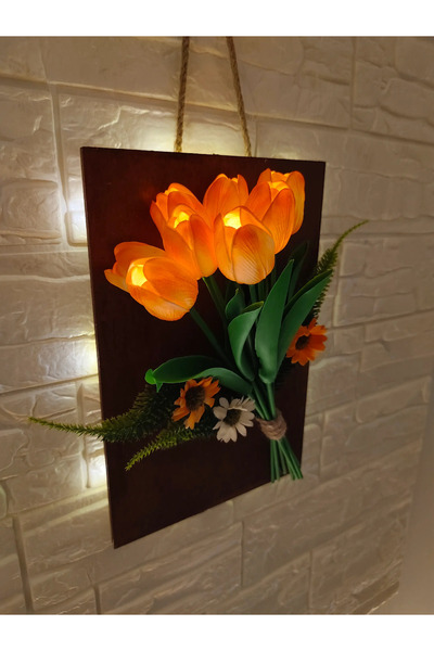 OznCicekTasarim Led Lighted Artificial Wet Tulip Orange Colored and Arrangement Flower - Wall Ornament - Night Light - Decor