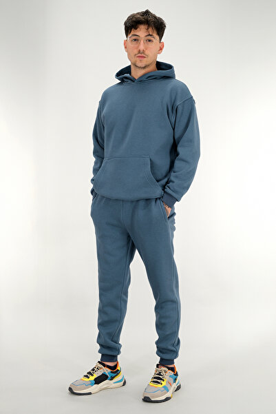Souris Men's Petrol Blue Relaxed Fit Tracksuit Set 3 Thread Fleece-Lined Thick Fabric Ribbed Leg Drawstring Waist