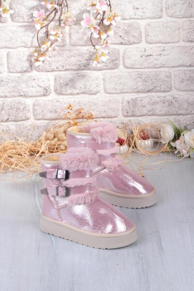 fort Nurela Silvery Suede Short Women's Boots with Fur Inside, Feather and Buckle Detail