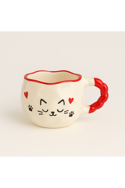 Çağ Seramik Kedi Desenli El Yapımı Seramik Kupa – Kırmızı Kulplu Krem Kahve Kupası