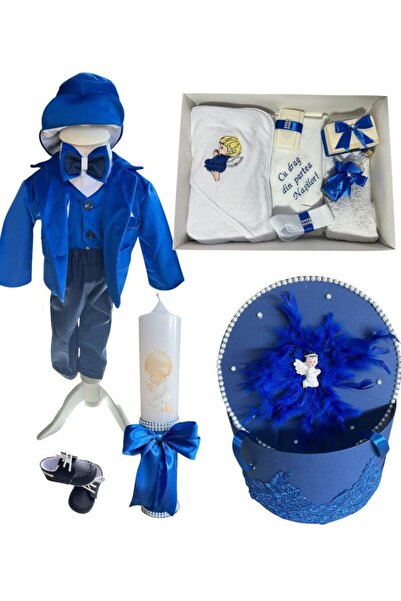 Botez Set Mateo – albastru electric din catifea cu tematica ingeras brodat si...