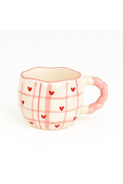 Çağ Seramik Pembe Ekose Desenli El Yapımı Seramik Kupa – Pembe Kulplu Krem Kahve Kupası