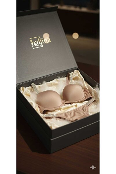 Baljina Taş Askı Detaylı Push Up Saten Sütyen Takımı