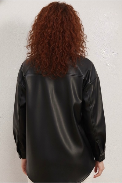 MODESTRIA Siyah Suni Deri Oversize Gömlek