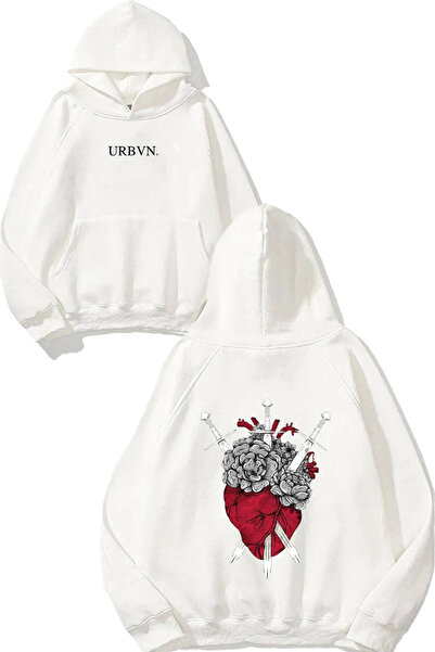 urbvn تصميم سيف القلب مطبوع قصة فضفاضة سويت شيرت أبيض بغطاء رأس
