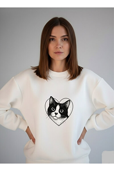 LORVEX Swea tricou alb oversize cu decolteu tip inimă și imprimeu cu pisici a...