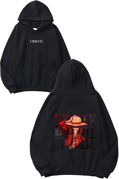 urbvn سويت شيرت Monkey Luffy Piece Design مطبوع قصة فضفاضة أسود بغطاء رأس