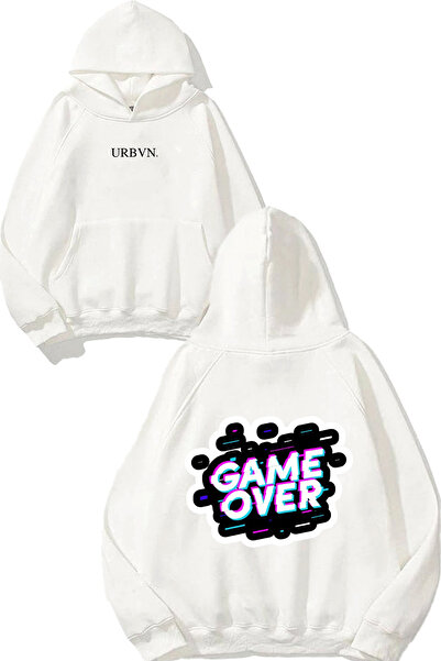 urbvn Game over Text Design Printed Oversized White Hooded Sweatshirt