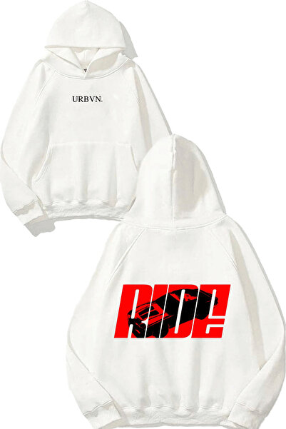 urbvn سويت شيرت رايد ريد ديزاين مطبوع قصة فضفاضة أبيض بغطاء رأس