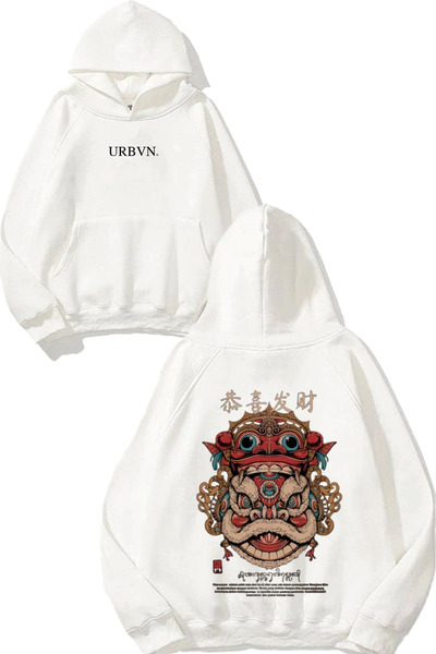 urbvn سويت شيرت دراجون تشاينا ديزاين مطبوع قصة فضفاضة أبيض بغطاء رأس