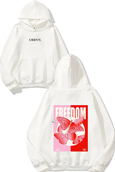 urbvn سويت شيرت فريدوم بينك ديزاين مطبوع قصة فضفاضة أبيض بغطاء رأس