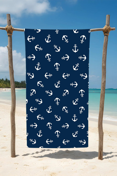 BETHA Dark Blue Small Anchor Patterned Cotton Beach Towel – Patterned Design – 75X150 cm
