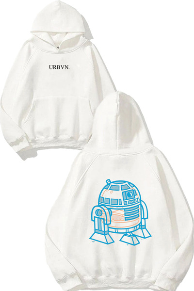 urbvn سترة ستار وورز روبوت بتصميم أزرق مطبوع قصة فضفاضة أبيض بغطاء رأس