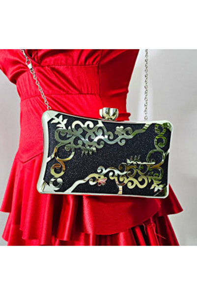 FashionForYou Luizz Occasion Bag with Top Closure and Detachable Chain, Black/Silver