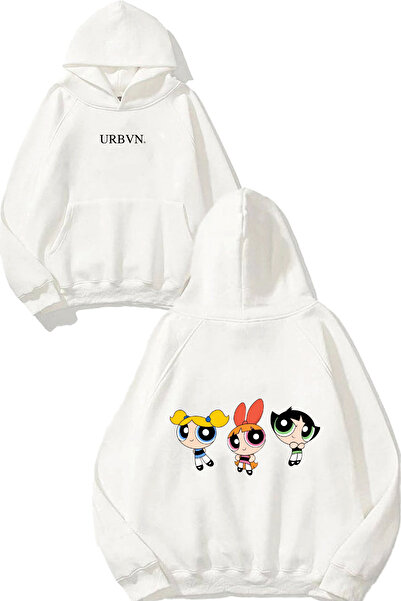 urbvn تصميم بناتي باور باف مطبوع قصة فضفاضة سويت شيرت أبيض بغطاء رأس