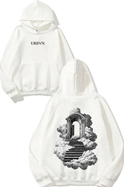 urbvn Cloudy Stairs Design Printed Oversized White Hooded Sweatshirt