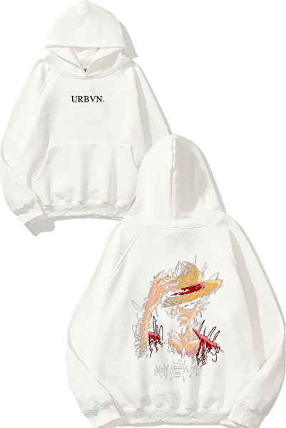 urbvn تصميم قبعة مونكي لوفي مطبوع قصة فضفاضة سويت شيرت أبيض بغطاء رأس